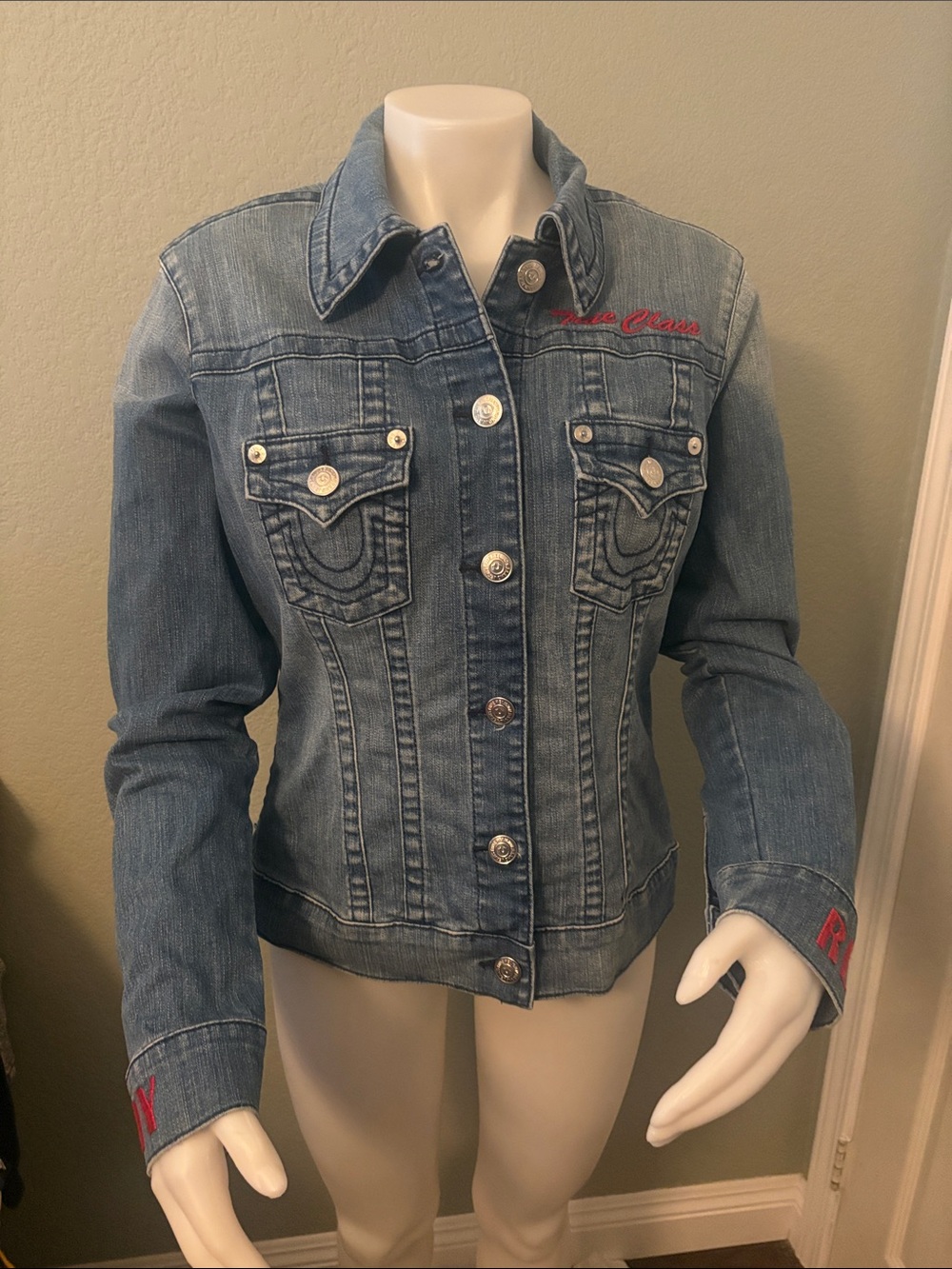 True Religion Light Blue Denim Jacket with Red Embroidery